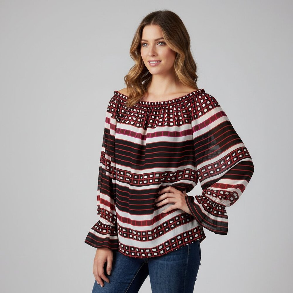Loft M Red Black Striped‎ Off Shoulder Top Whimsigoth Boho Peasant Coastal Indie